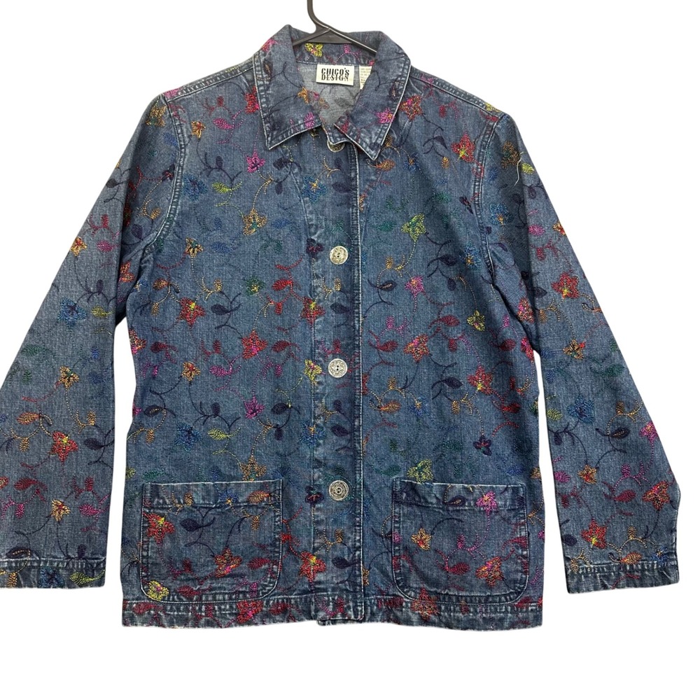 Chicos Design Denim Jacket Embroidered Floral Button Front Jean Coat